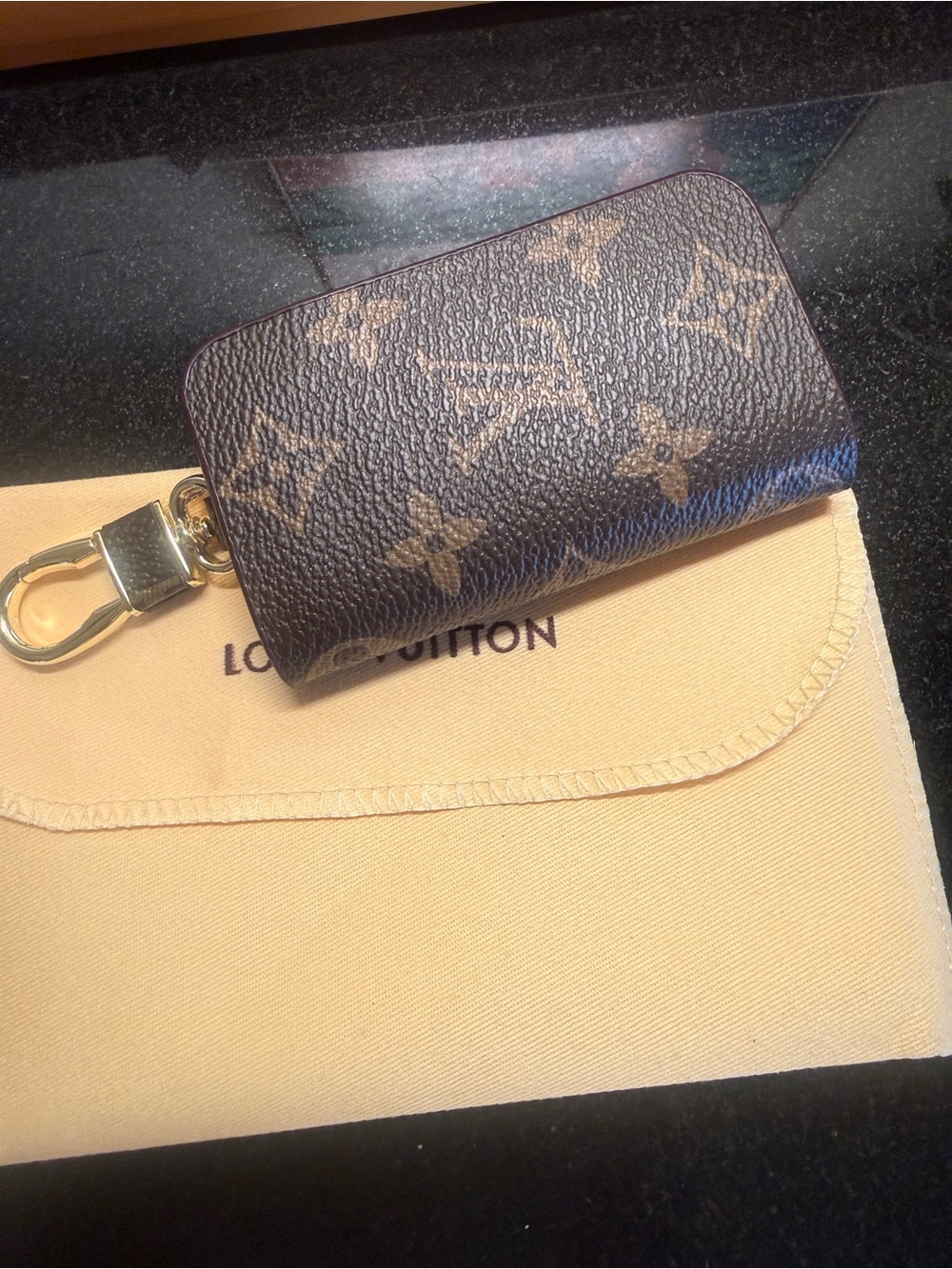 Indpited Brown Monogram Key & Card Holder with Gold Hardware